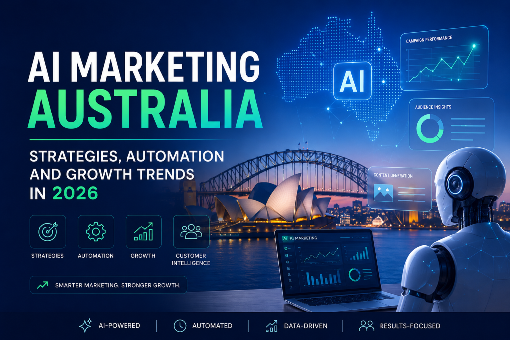 uturistic digital marketing banner showing “AI Marketing Australia 2026” with a modern data dashboard, AI robot interface, and Sydney Opera House in the background, representing automation, analytics, and growth trends in AI-powered marketing.
